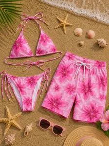 Pink Cherry Blossom Floral Bikini & Men’s Swim Shorts Set, Soft Romantic Summer Design, Perfect for Beach Days, Tropical Vacations, and Stylish Couple Swimwear Looks