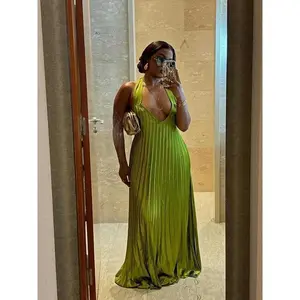 Green Evening Dresses Woman Elegant Sexy Summer Pleated Dress Hollow Out Lady Halter Neck Backless Dress Wholesale Drohipping