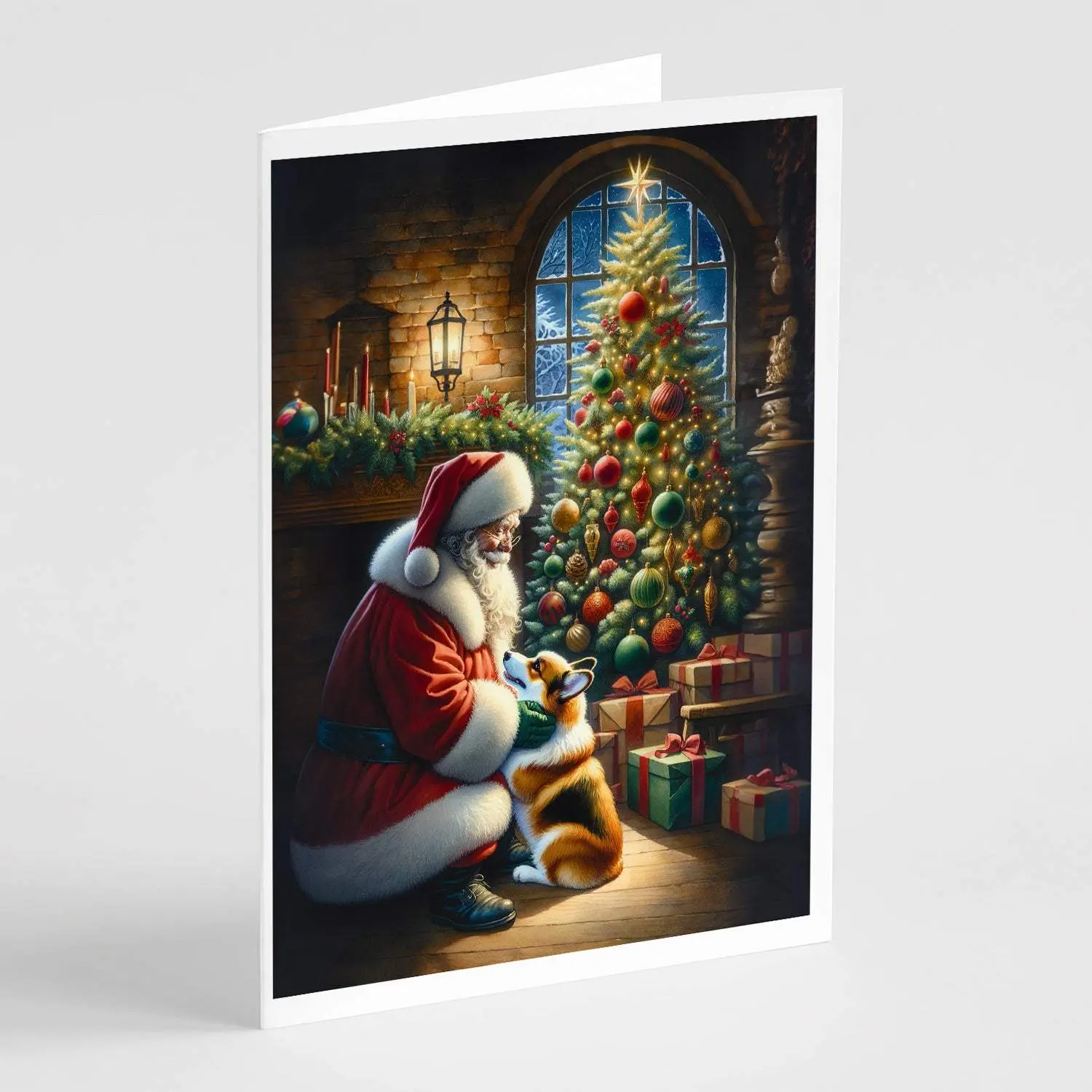 Festive Theme Corgi & Santa Claus Holiday Greeting Cards, 8-Pack, 5x7 Size, Smooth Surface Office Stationery for Anniversaries