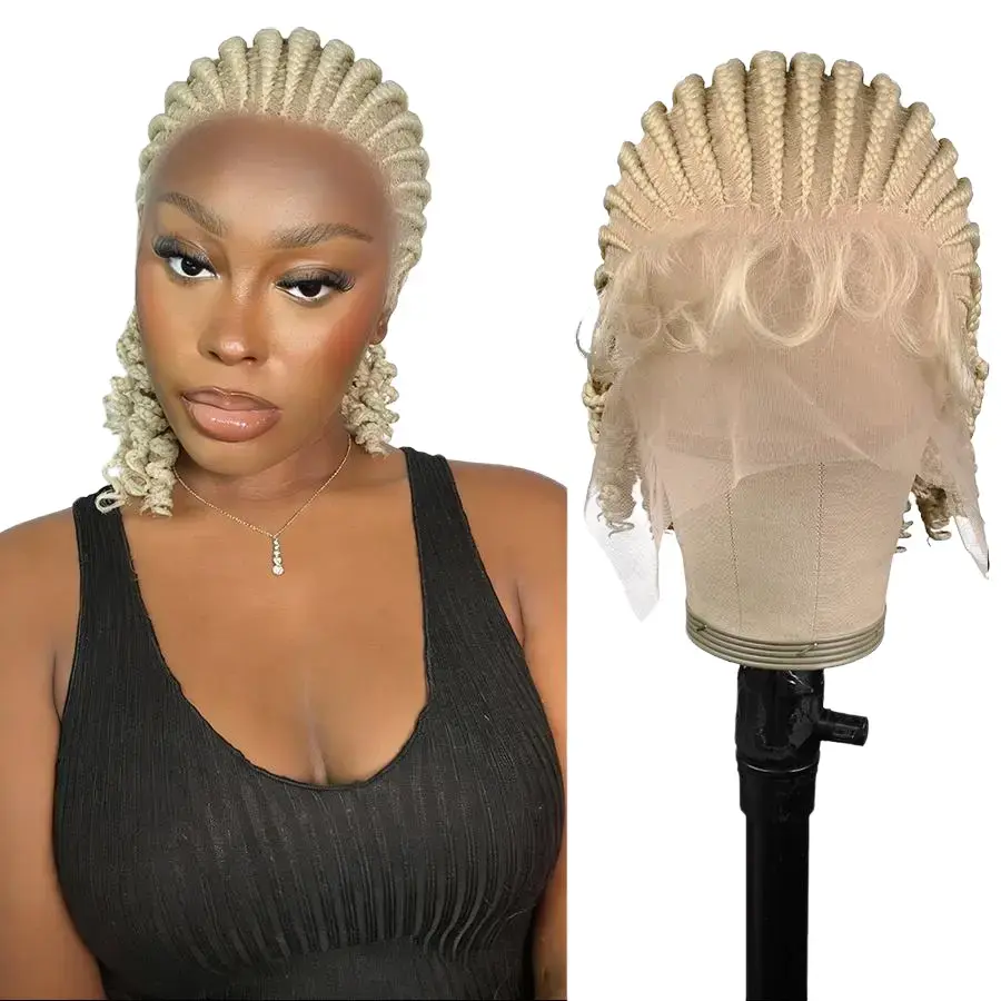 DOSAY Colored Blonde Cornrow Braided Wigs Full Lace Synthetic Short Bob Crochet Wigs With Curly Hair Ends Knotless Braiding Hair Wigs