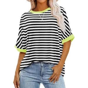 Imily Bela Womens Oversized Striped Tee Shirt Summer Casual Color Block Half Sleeve Crew Neck Tunic Tops