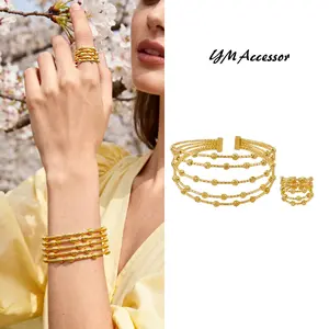 YM Accessory Open-End Bead Bracelet & Ring Set 18K Gold Plated Hypoallergenic Jewelry for Everyday Wear Boho Classic Y2K Styles