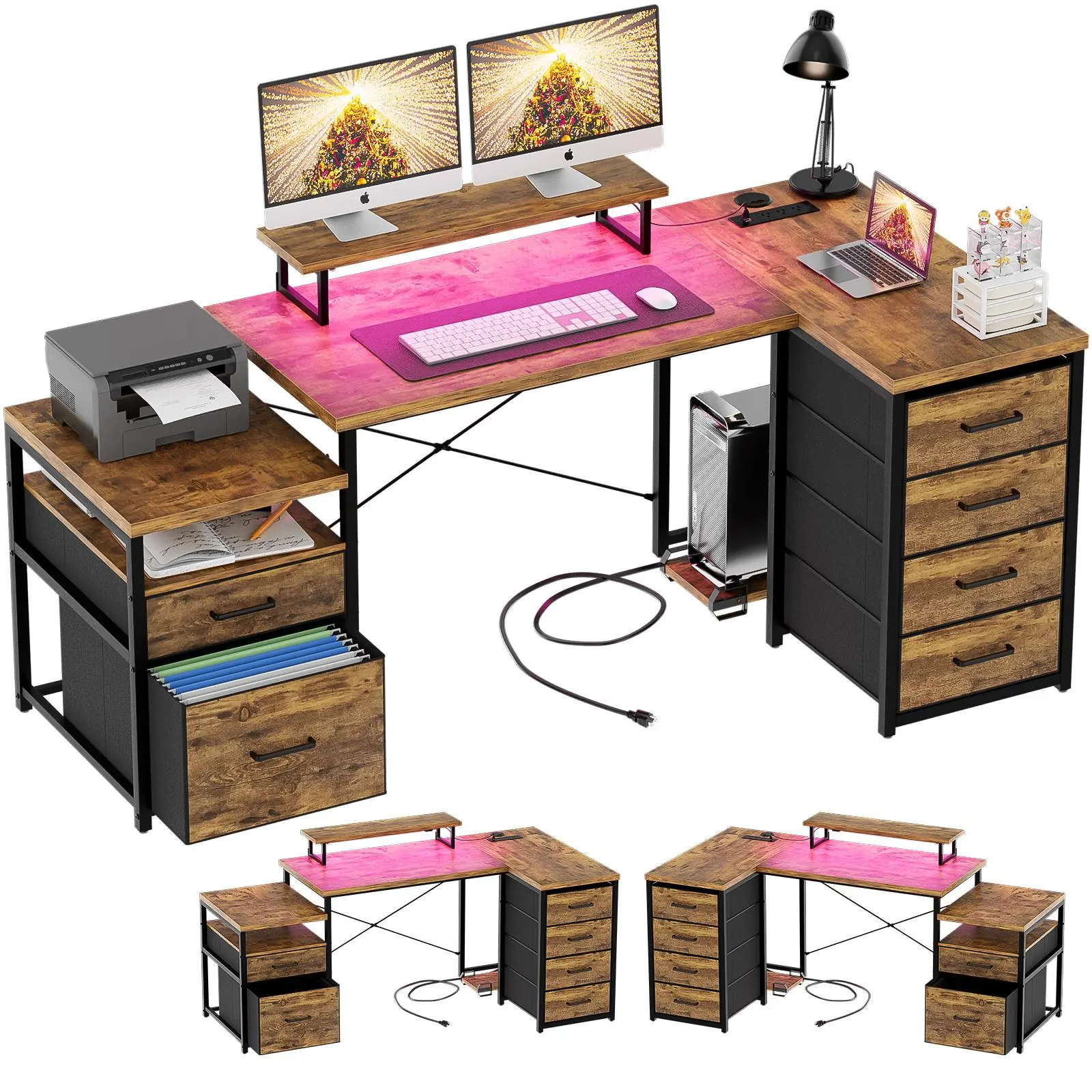 Unikito 70.8" Reversible L Shaped Computer Desk with Fabric File Drawers, Corner Desk with RGB LED Light & Power Outlets & Monitor Stand, Large Gaming Desk for Home Office Workstation