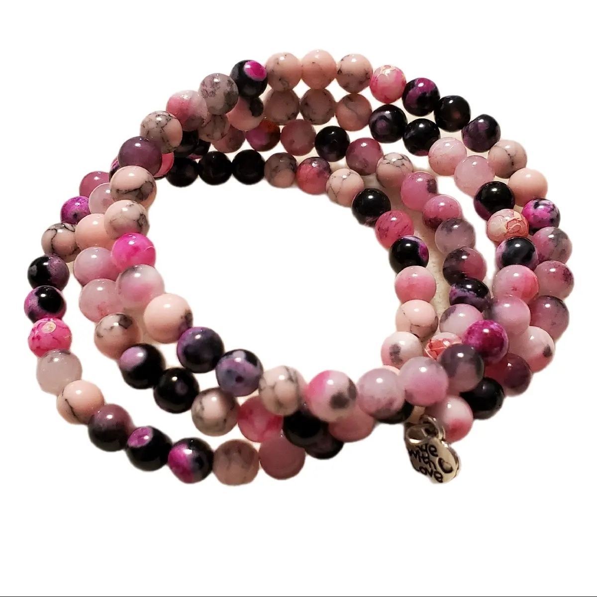 various pinks and black stone beads memory wire bracelet handmade