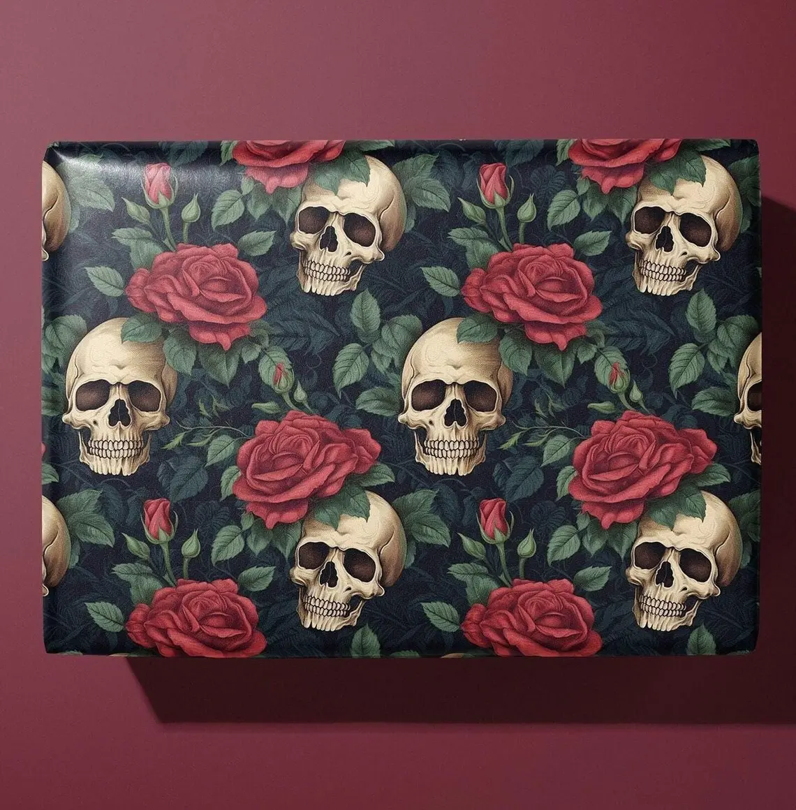 Vintage Skulls and Roses Wrapping Paper - Rich Colors - Ideal Gift