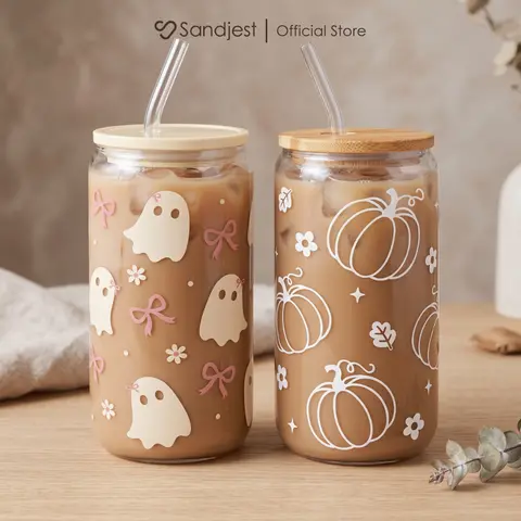 SANDJEST 16oz Halloween Iced Coffee Glass Cup with Bamboo/ Acrylic Lid & Glass Straw & Cleaning Brush, Can-Shaped Aesthetic Mug, Ideal for Matcha Soda Tea & Daily Drinks, Gift for Mom Women Birthday Home Office Use Christmas Cozy Fall #falldealsforyou
