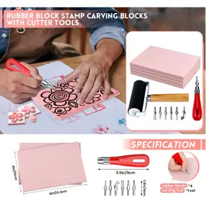 1 Set Artistic Rubber Stamp Carving Kit with 6 Interchangeable Blades - Plastic Stamp Making Tools for Linoleum Block, DIY Printmaking and Crafting