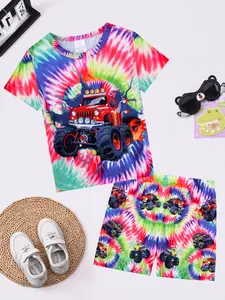 Boys' 2-Piece Round Neck Short Pajama Set, Off-Road Car Print, Casual Comfortable Fit, Suitable for Daily Wear, All Seasons