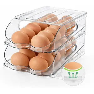 Egg Holder for Fridge, Automatic Steady Rolling Egg Container with Soft Bumpers & Handle for Refrigerator, Stackable Fridge Organizers and Storage with Lid