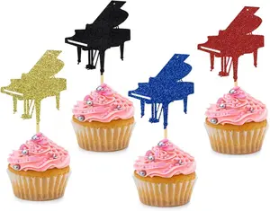 24 PCS Glitter Silhouette Piano Cupcake Toppers for Birthday Party Wedding Baby Shower Party Music Theme Concert Pianist Party Cake Decorations Supplies Picks(Gold, Black, Red, Blue)