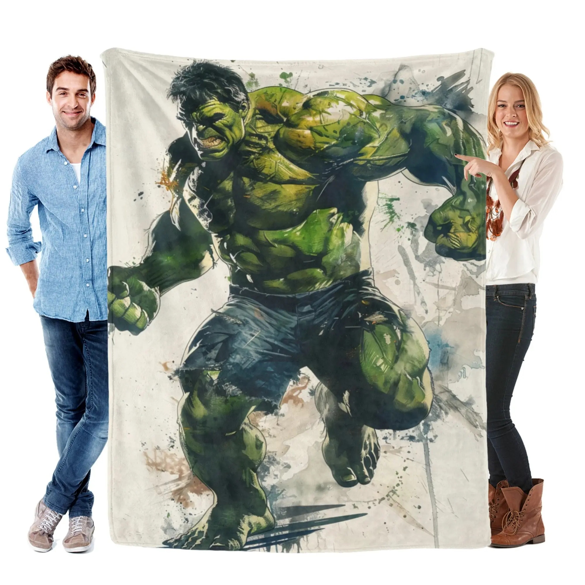 [SummerVibes] MARVEL CLASSIC Hulk Soft Flannel Blanket, Watercolor Splash Art 2D Print for Home, Couch & Bedroom Decor