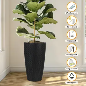 Set of 2 Faux Rattan Tall Planters Outdoor Indoor Large Planters with Water Level Monitor Inner Bucket, Automatic Watering, Flower Plant Pots for Garden, Patio, Porch, Backyard (Black,white 22 inch )