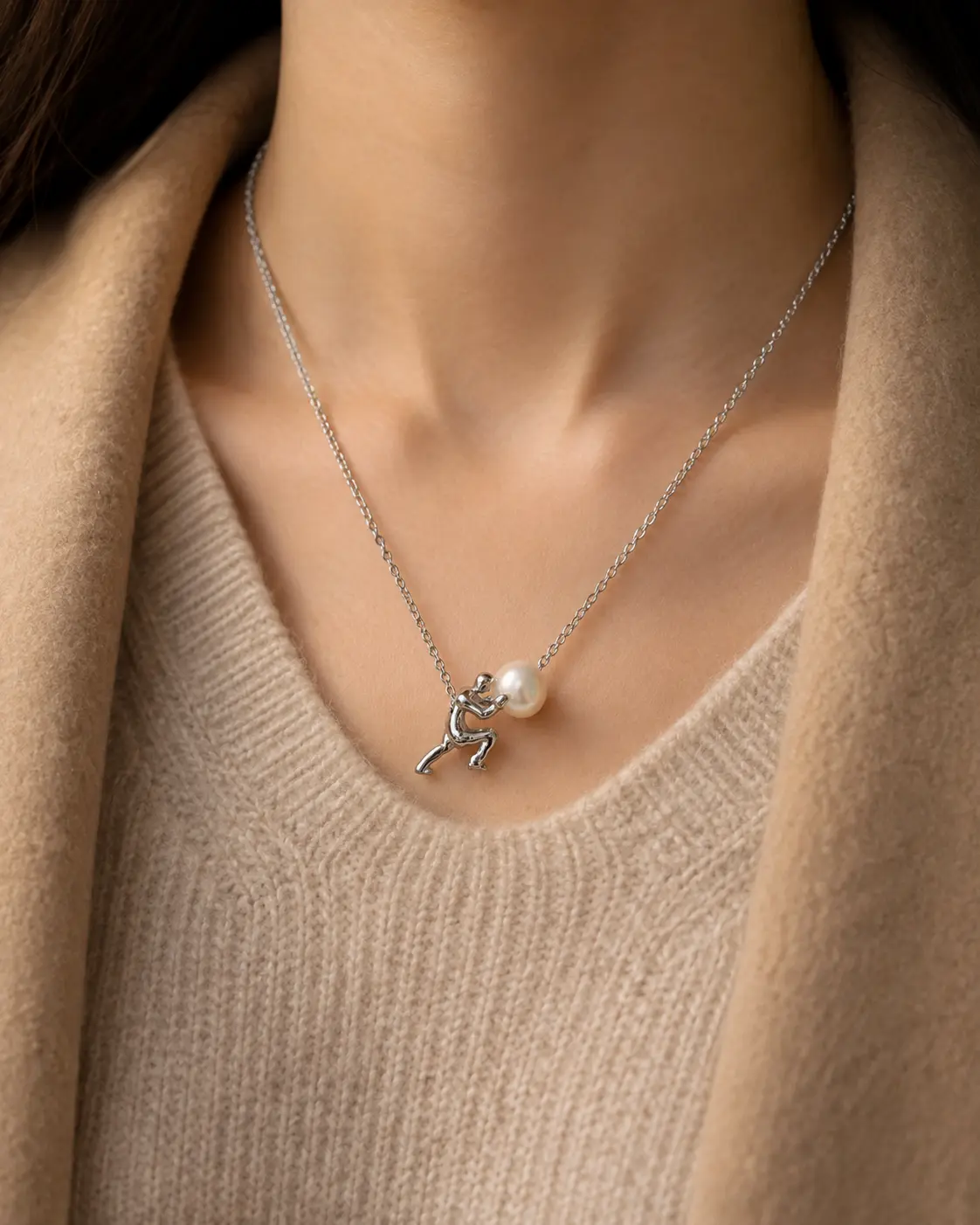 Sisyphus Pendant Necklace - High-Quality Silver-Plated Jewelry with Real Pearl, Playful Motif, Adjustable Length   chain  , Simple Elegance,  Daily   Wear Men's Gift Accessory fashionable statement