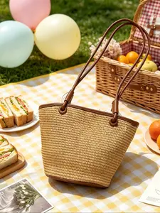 Rattan Bucket Bag, Trim Colorblock Design, Drawstring Closure Shoulder Bag, Large Capacity Open Top, Ideal for Daily Use and Vacation