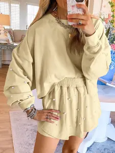 FISOEW Women's Pearl 2 Piece Outfit Set Oversized Sweatshirt and Shorts Casual Trendy Pearl Detail Tracksuit for Daily Wear & Leisure