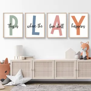 4pcs This Is Where The Fun Stuff Happens Canvas Wall Art, Set of Playroom Prints, Playroom Wall Decor, Nursery Wall Art, Play Sign, Youngsters Room Decor, Let's Play Sign