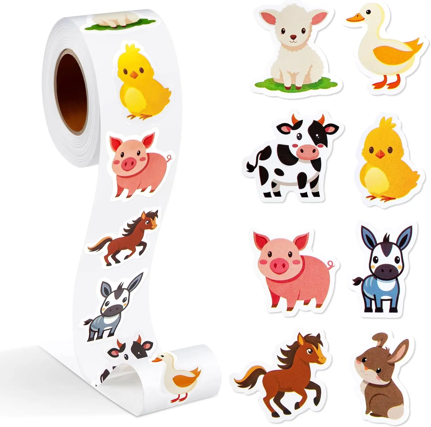 500 Pcs Farm Animal Stickers Roll, Reward Decals for Kids | 8 Cute Designs, Suitable for Teacher Rewards, Classroom Party Favor, Scrapbooking Decoration, Motivational Incentive Stickers