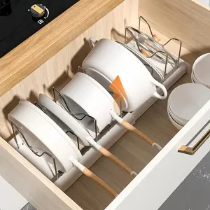 Expandable Pot and Pan Organizer Rack for Cabinet, Pot Lid Organizer Holder with7 Stainless Steel Adjustable Dividers for Kitchen Cabinet Organizer and Storage , ideal for Baking Pans,(White, Grey)Foldable Design,Gifts for Mom#HomeOrganization Tableware