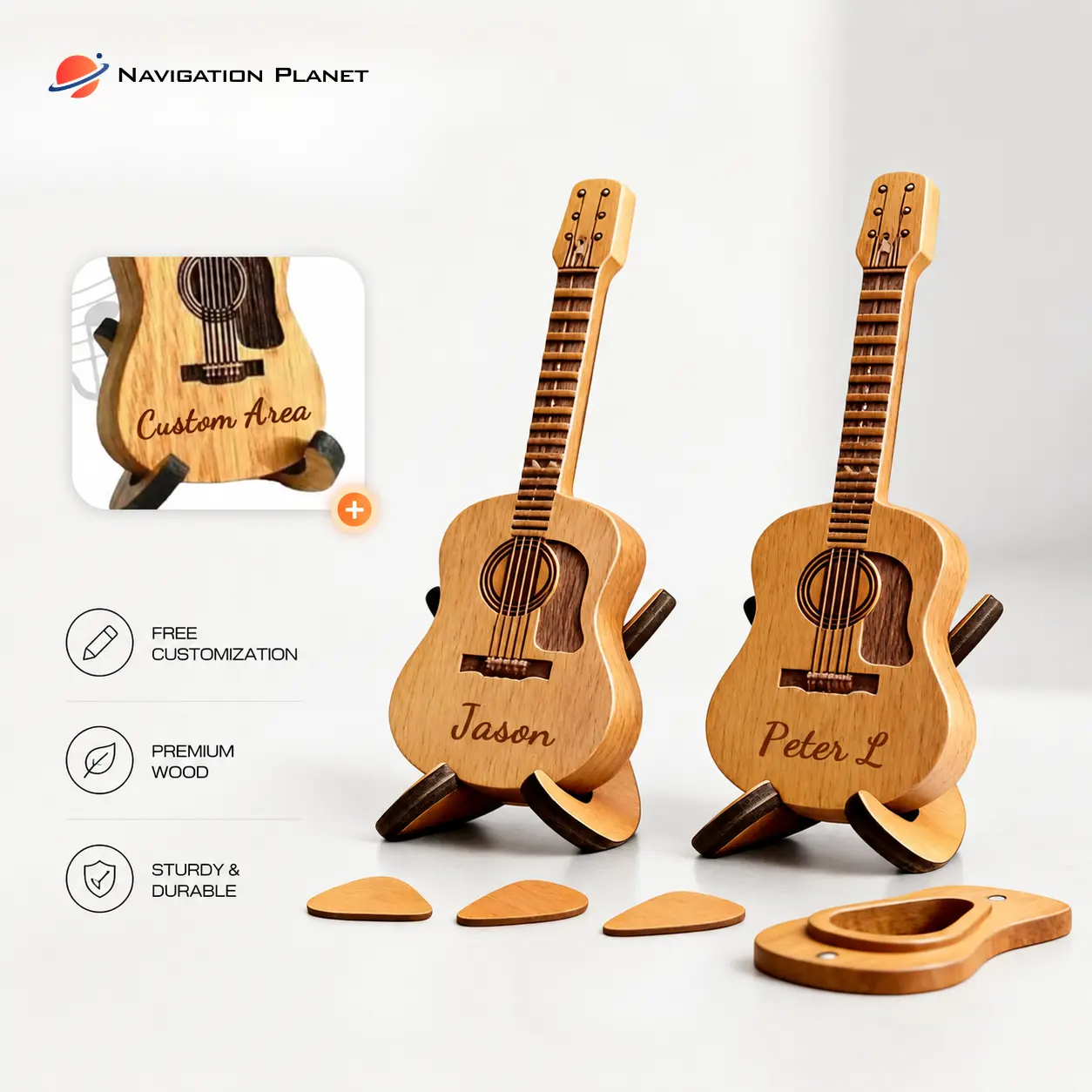 Personalized Wooden Guitar Pick Holder - Music Accessories with Free Engrave, Custom Name Mini Pick Storage Case with Display Stand, Gift for Guitarists (Dad, Husband)