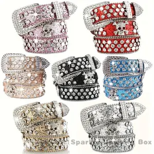 Skull Head Rivet Rhinestone Bb Belt Fashion Solid Color Glitter PU Belt Cowboy Jeans Belt Women Girls Men