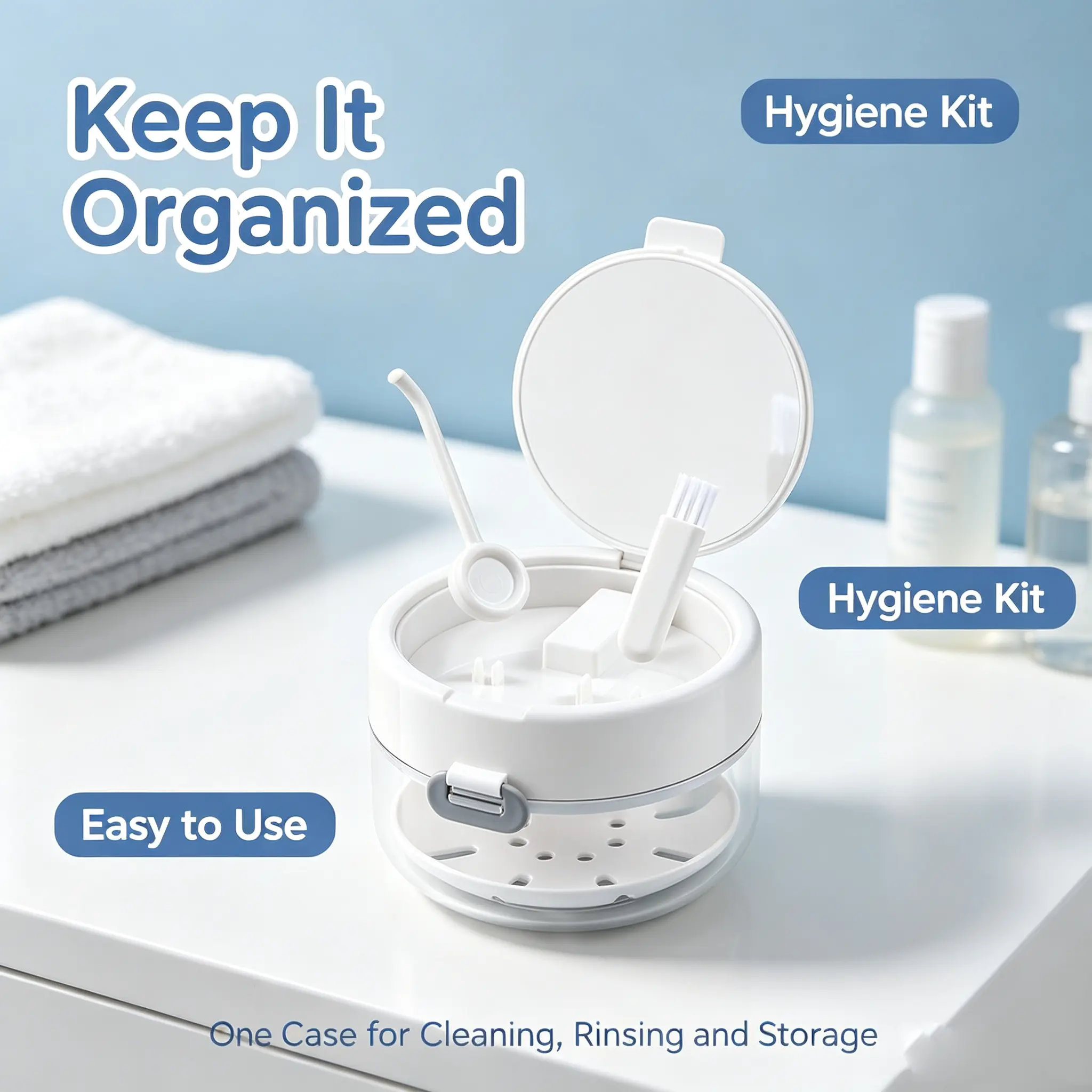 ABS Dental Retainer Case with Automatic Lifting Drain Tray - 3-in-1 Denture Mouth Guard Soak Box, Compact Camping Oral Care Kit with Portable Spa Jets, 61-in Stainless Steel Adjustable Handle Bath Accessory, Pregnancy Test Strips, Emergency Medical Supply