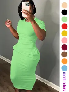 Threaded elastic solid color dress, breathable elastic multicolored party casual outing travel solid pocket long dress, solid color long dress, long dress, summer dress,