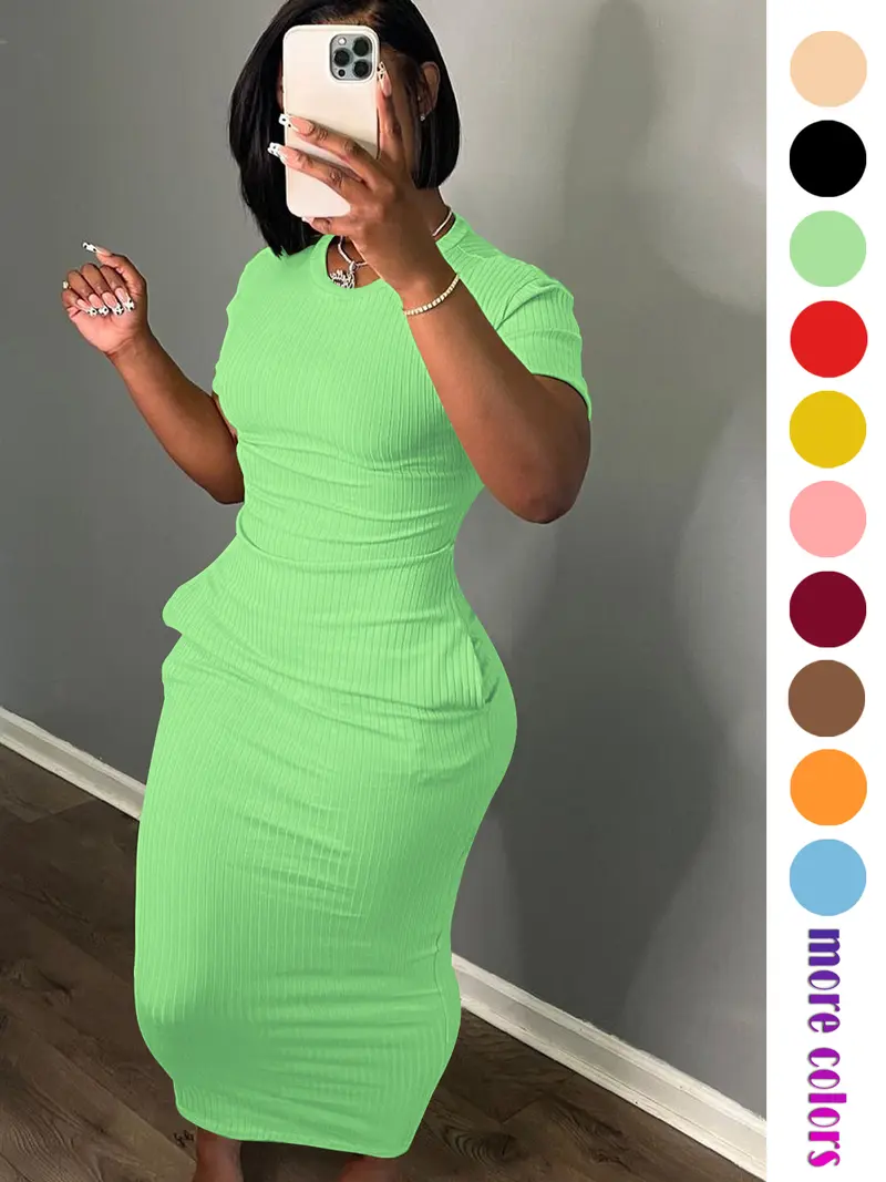 Threaded elastic solid color dress, breathable elastic multicolored party casual outing travel solid pocket long dress, solid color long dress, long dress, summer dress,