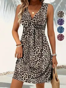 Women's Casual Wear Chic Sleeveless Vneck Leopard Animal Print Resort Dress Womenswear