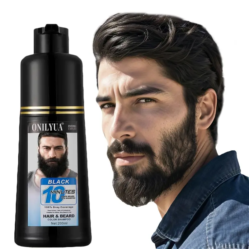 Men's 3-in-1 Argan Oil Fruit Hair Care Beard-Mustache Dye Shampoo, 5-Min Root Touch Up, All Types Hair Color, Long-Lasting 200ml Comfort Formula, Beard+Mustache Use