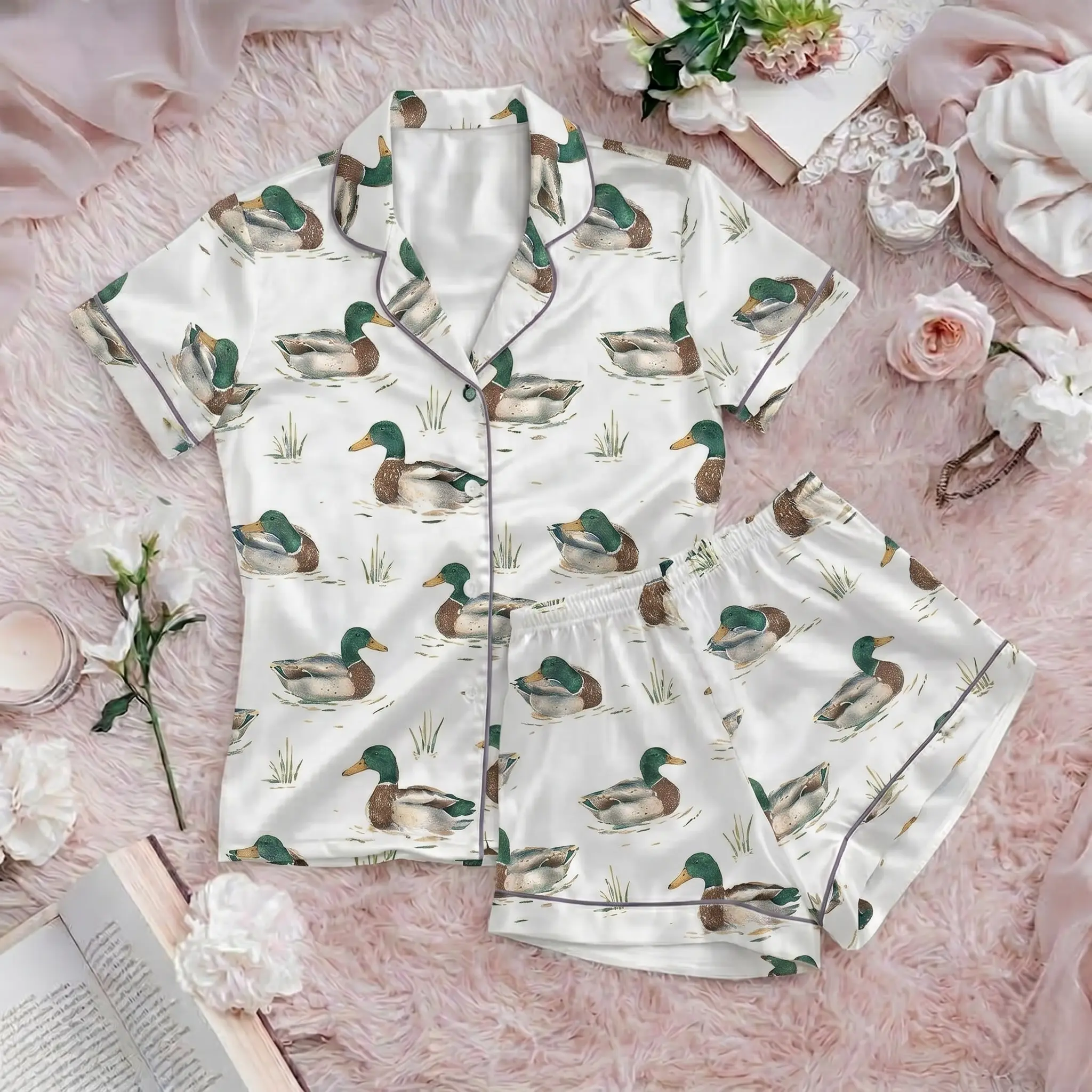 Duck pajamas, Cute sleepwear, gift for her, set for women, Loungewear set women, music pajamas set, Sleepwear fashion