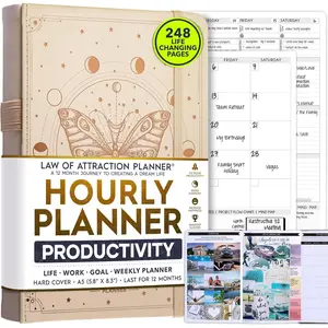 Hourly Planner - Undated Weekly & Monthly Planner, 12-Month Journey to Increase Productivity | Gratitude Journal, Life Organizer & Goal Journal | Include Foldable Vision Board, Habit  & Sticker