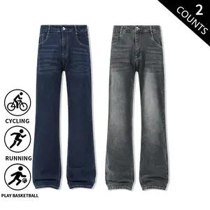 2-Pack Men’s Faded Wash Straight Bootcut Denim Jeans, Classic Mid-Waist Casual Jeans for Daily Wear, Workouts, Outdoors, and Street Outfits