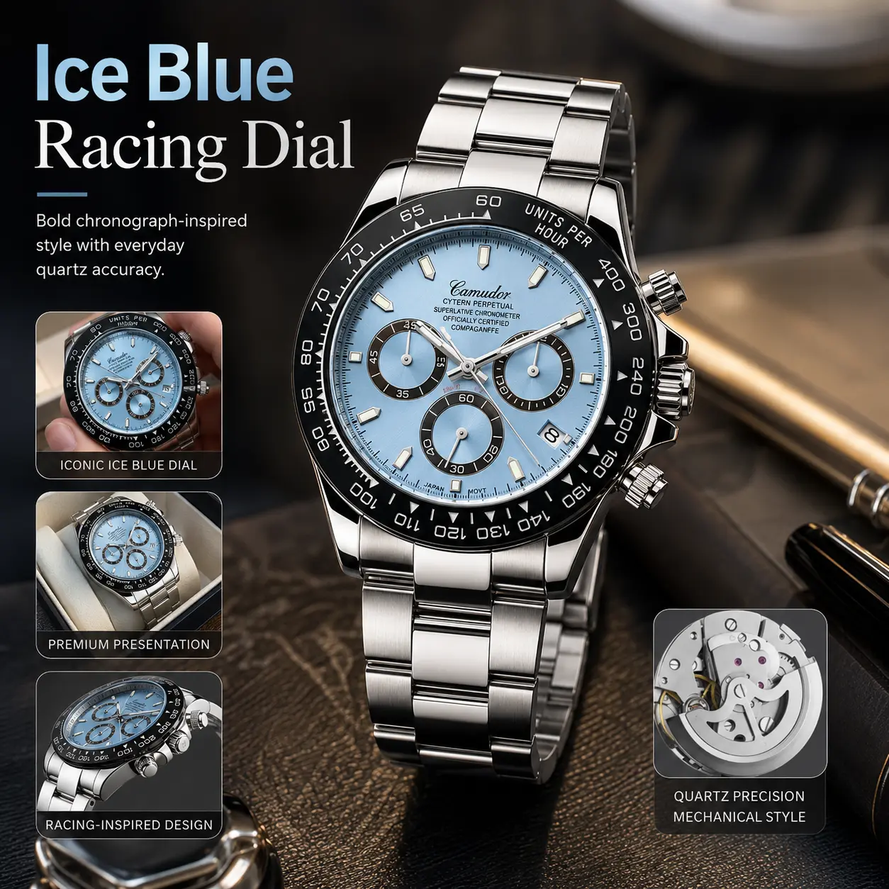 Men's Ice Blue Quartz Watch, 3-Eye Sport Dial, Black Tachymeter-Style Bezel, Stainless Steel Bracelet, Date Display, Mechanical-Style Caseback, Dress Sport Watch for Work, Date Night, Gift for Him, Dad, Husband, Boyfriend