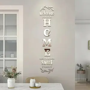 "Welcome to Our Home" 3D Acrylic Mirror Wall Decorative Stickers - Self-Adhesive, Reflective Decals for Living Room, Bedroom, Bathroom - Elegant Beige & White Design with Laurel Wreath Motif, Mirror Wall Sticker