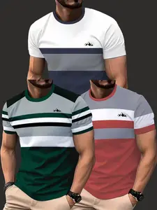 3-Pack Men's Classic Fashion Round Neck Short Sleeve T-Shirts, Geometric Pattern, 100% Polyester, Lightweight, Casual Wear, All Seasons