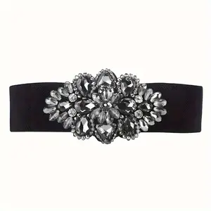 Rhinestone Flower Decor Wide Waist Belt Elegant Black Elastic Waistband fashion Coat Dress Waistband Ladies