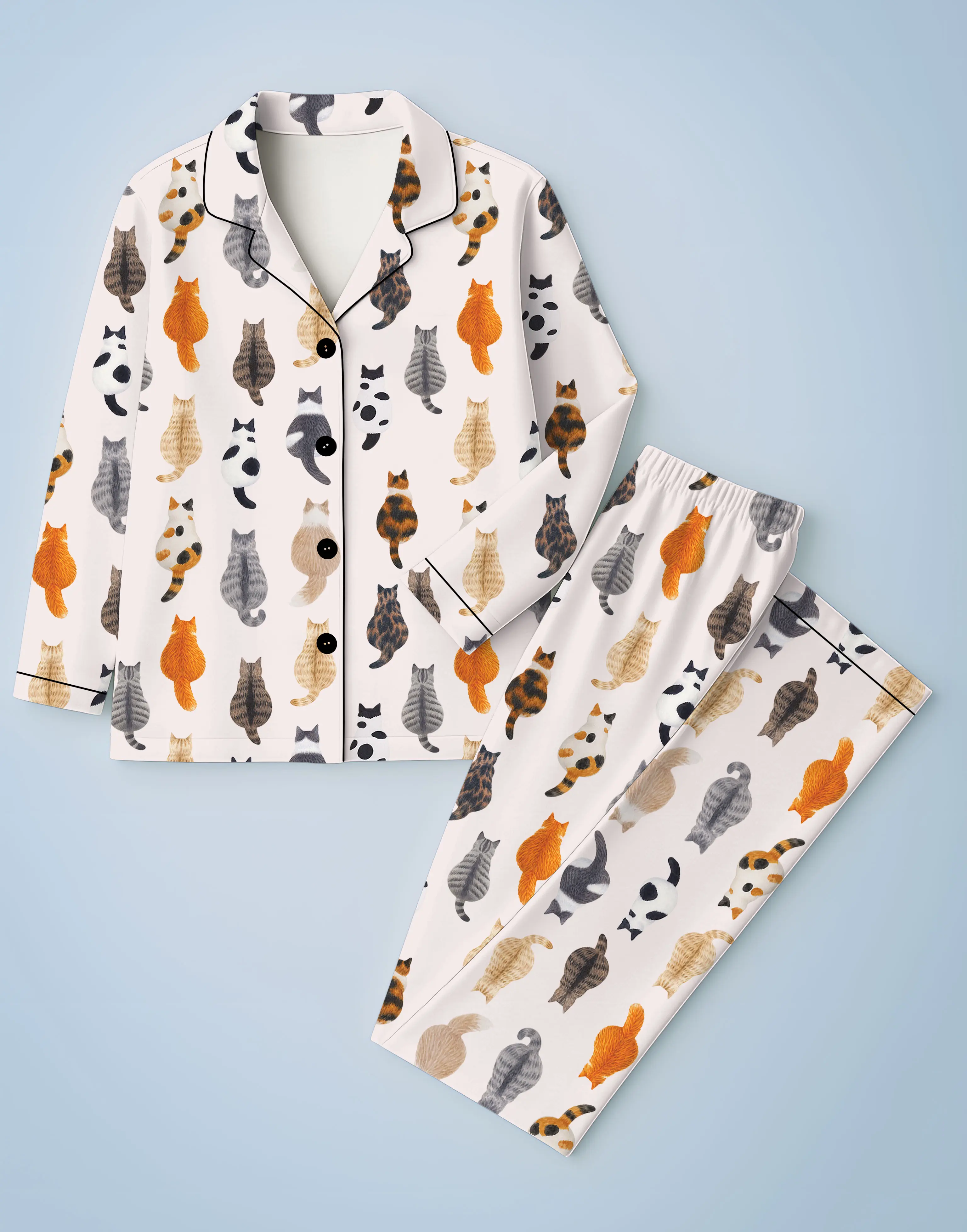 Lady's 2-Piece Polyester Cute Cat Print Pajama Set - Long Sleeve Lapel Top, Elastic Adjustable Pants, Comfortable Everyday Style Fall Winter Sleepwear & Casual Home Wear