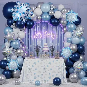 Winter Wonderland Balloon Garland Arch Kit 140pcs Navy Blue White Silver, Mylar Snowflake Star Balloons for Christmas Party