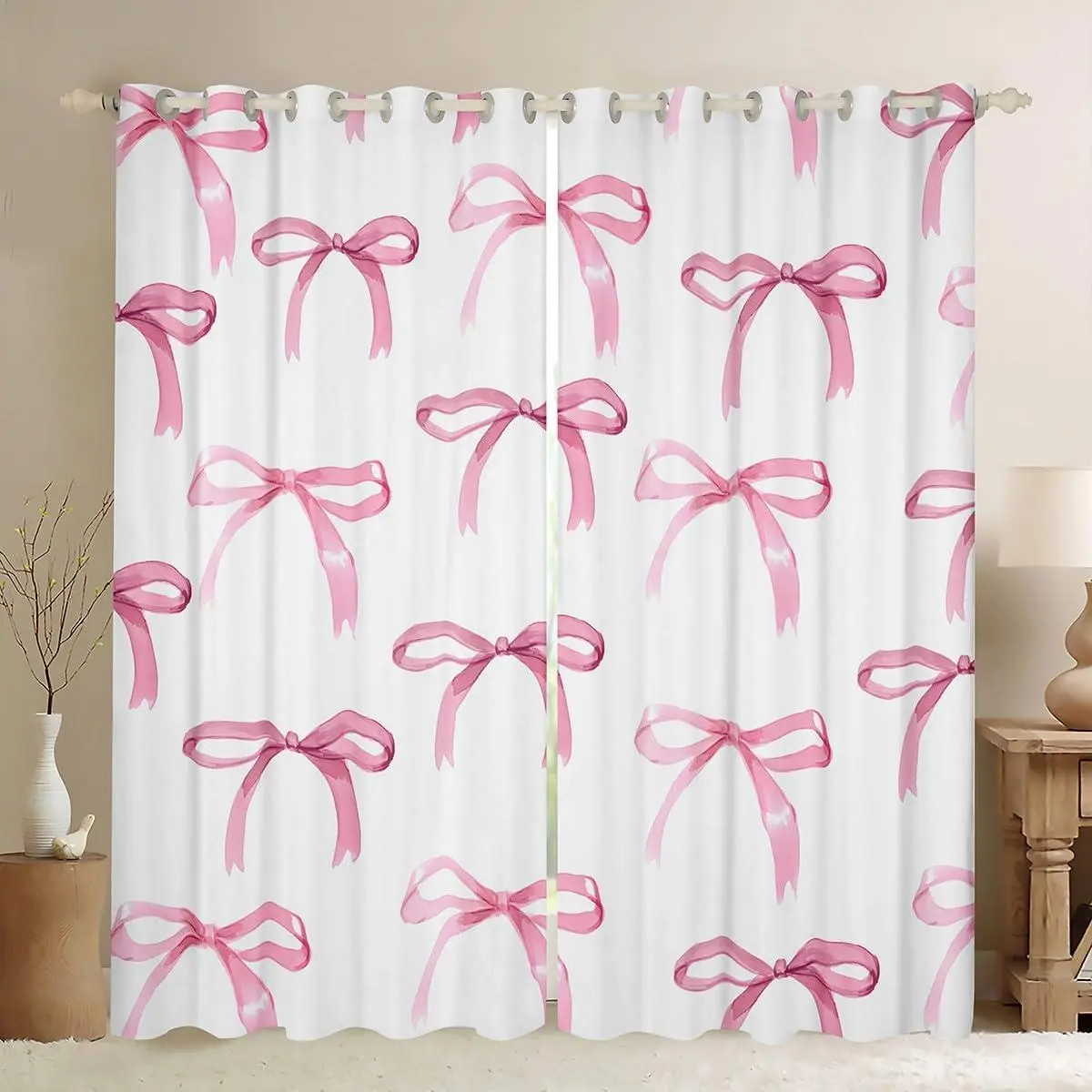 Bow Room Darkening Blackout Curtain Boys Girls (2 Panels ) Cute Bowknot Curtains for Bedroom Living Room Pink Girls Bow Blackout Curtains Kawaii Window Treatments