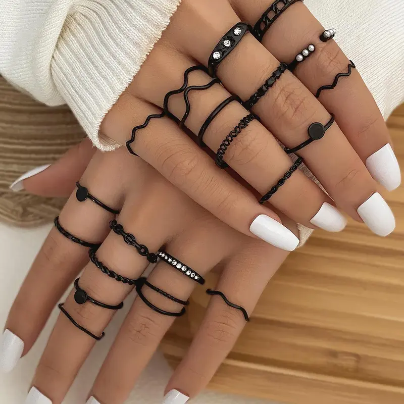 20pcs/set Faux Pearl Decorated Twist Wave Design Ring, Simple Plain Hollow Out Rhinestone Decor Ring, Statement Multi Ring, Stacking Rings, Stackable Finger Rings, Fashion Accessories For Women & Girls, Elegant Rhinestone Ring, Beautiful Rings