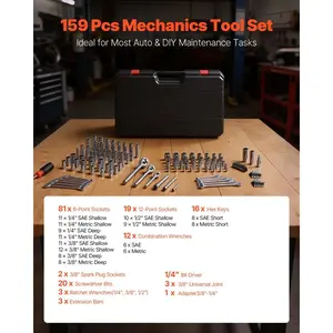 VEVOR Mechanics Tool Set, 159-Piece Mechanic Tool Kit, 1/4 in, 3/8 in, and 1/2 in Drive, SAE and Metric Socket Set, Wrenches, Screwdriver Bits, Accessories, and Storage Case, for Automotive Repair
