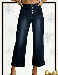 Necooer Women's Christmas 2025 NYE  Retro High-Waisted Button-Fly Wide-Leg Denim Crops Multi Color Black White Blue Soft Stretch Fabric Winter Layering TikTok Trendy Holiday Party Casual Wear Gift For Her 2025 Flattering Slim Fit Breathable Cropped Jeans