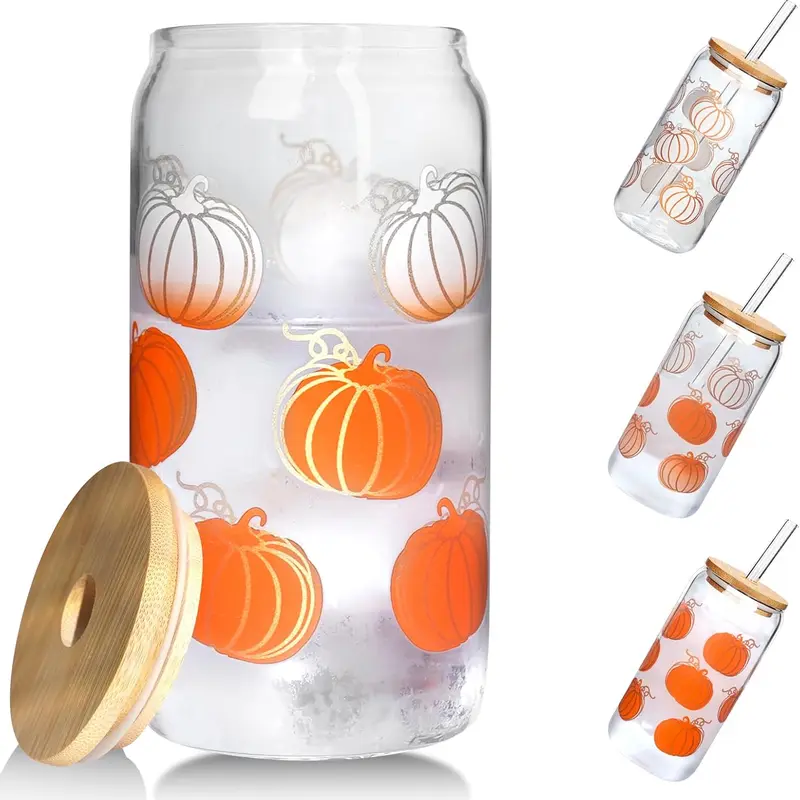 ANOTION Fall Home Decor Gift 18OZ Fall Glass Cups - Color Changing Cups with Lids and Straws Unique Iced Coffee Cup with Pumpkin Decor Tumbler Halloween