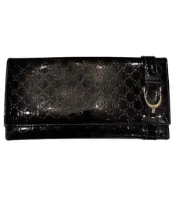 Pre-owned GUCCI leather Small Leather Goods Patent GG Wallet Black