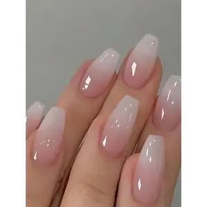 24PCS Short Coffin Pink Gradient Press On Nails – Glossy Jelly Ombre Nail Kit for a Flawless Look!