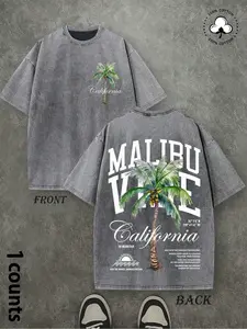 Men's Vintage Washed T-Shirt, Malibu California Palm Tree Print, Loose Casual Short Sleeve For Beach Vacation Daily Wear Streetwear