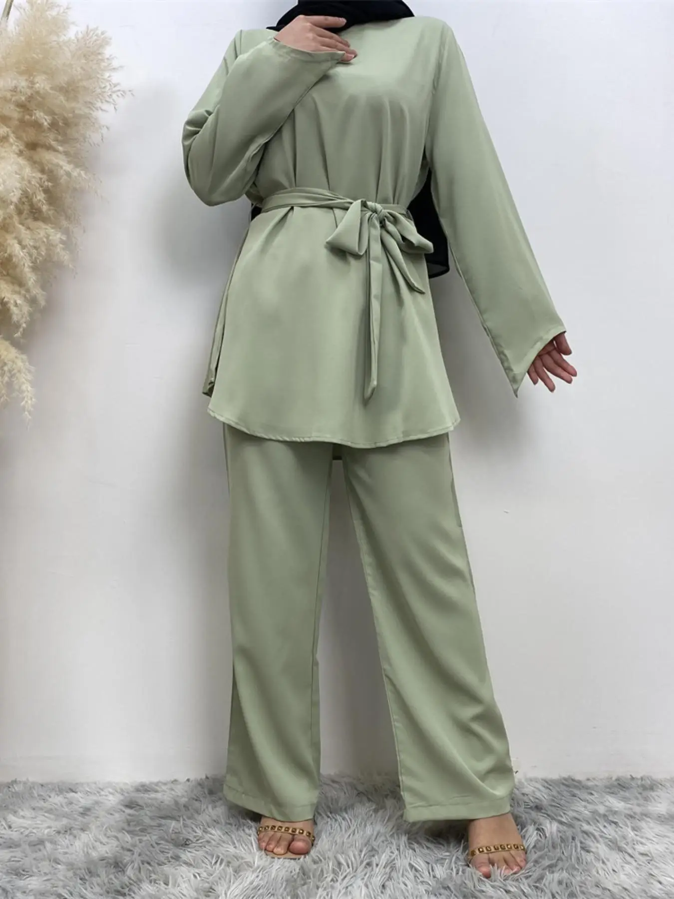 Women's Solid Color Top with Belt & Pants Set, Casual Long Sleeve Top & Trousers for Daily Wear, Ladies Two-piece Outfits for All Seasons