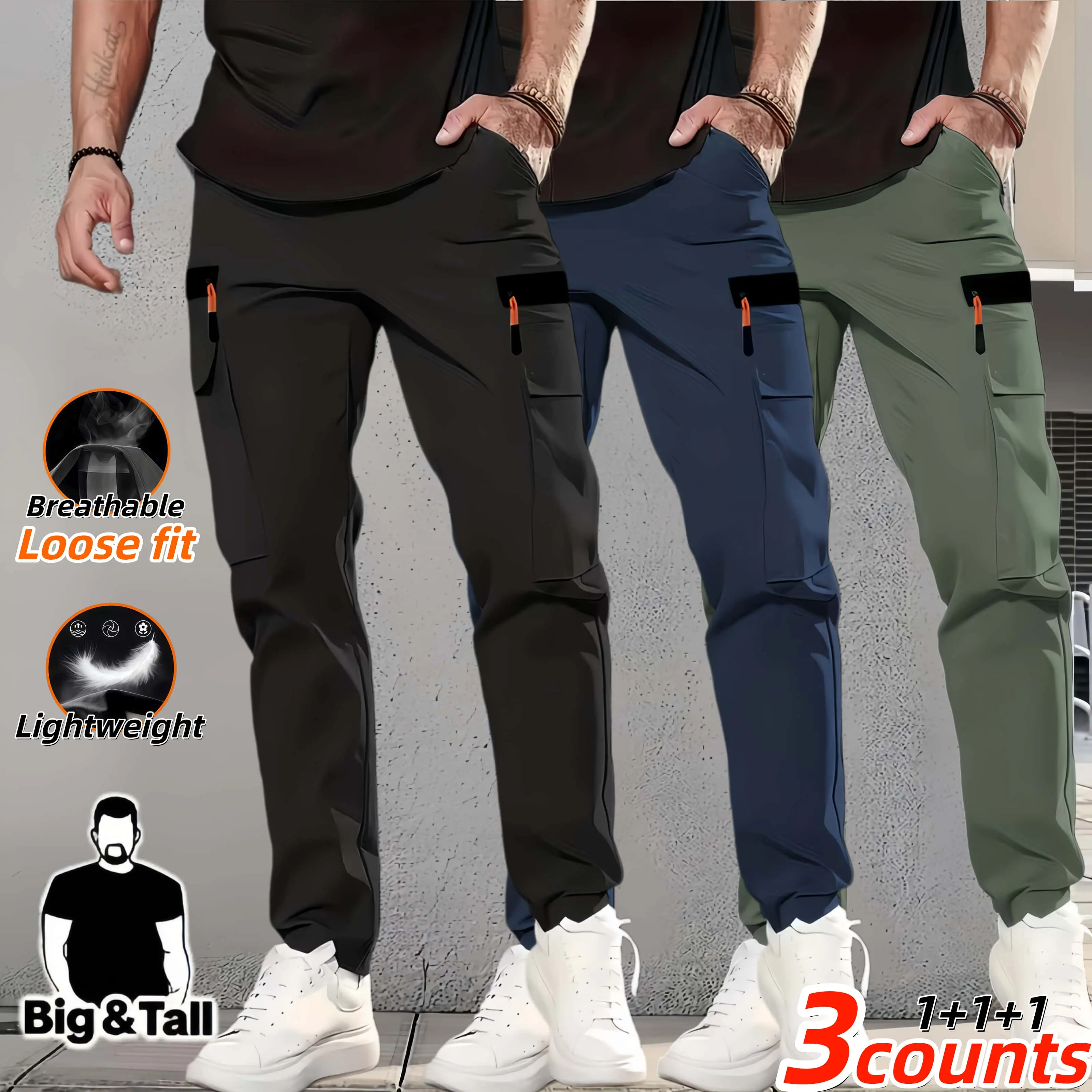 Big & Tall Plus Size Men’s Breathable Quick Dry Cargo Jogger Pants, Loose Fit Stretch Tapered Utility Pants with Zipper Cargo Pockets, Elastic Drawstring Lightweight Outdoor Hiking Work Pants，Comfy Elastic Waist Drawstring Pants