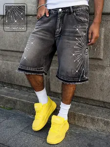 Men's Diamond Decorated Loose Fit Jeans Shorts, Spring Summer Fashion Comfortable Daily Wear, Sparkling Street Style Casual Vacation Pants