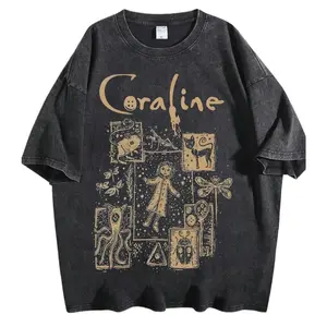Retro Washed Coraline T-Shirt |     Spooky Horror Movie Graphic Tee, Vintage Black Cotton Crewneck, Casual Gothic Streetwear, Unisex Short Sleeve Shirt for Men Women